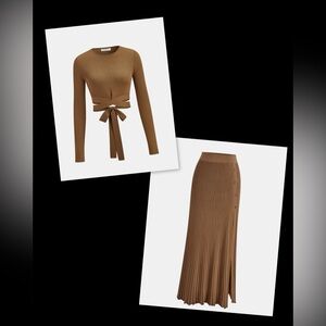 2 piece Ribbed Side Slit Button Detail Midi Skirt and long sleeve tie back top